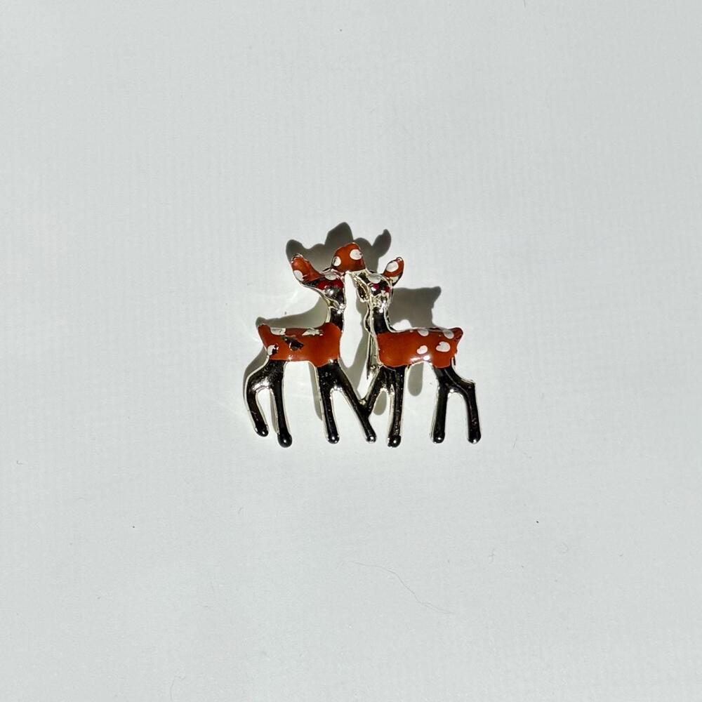 Vintage Deer Brooch | Enamel Fawns Gold Tone Pin